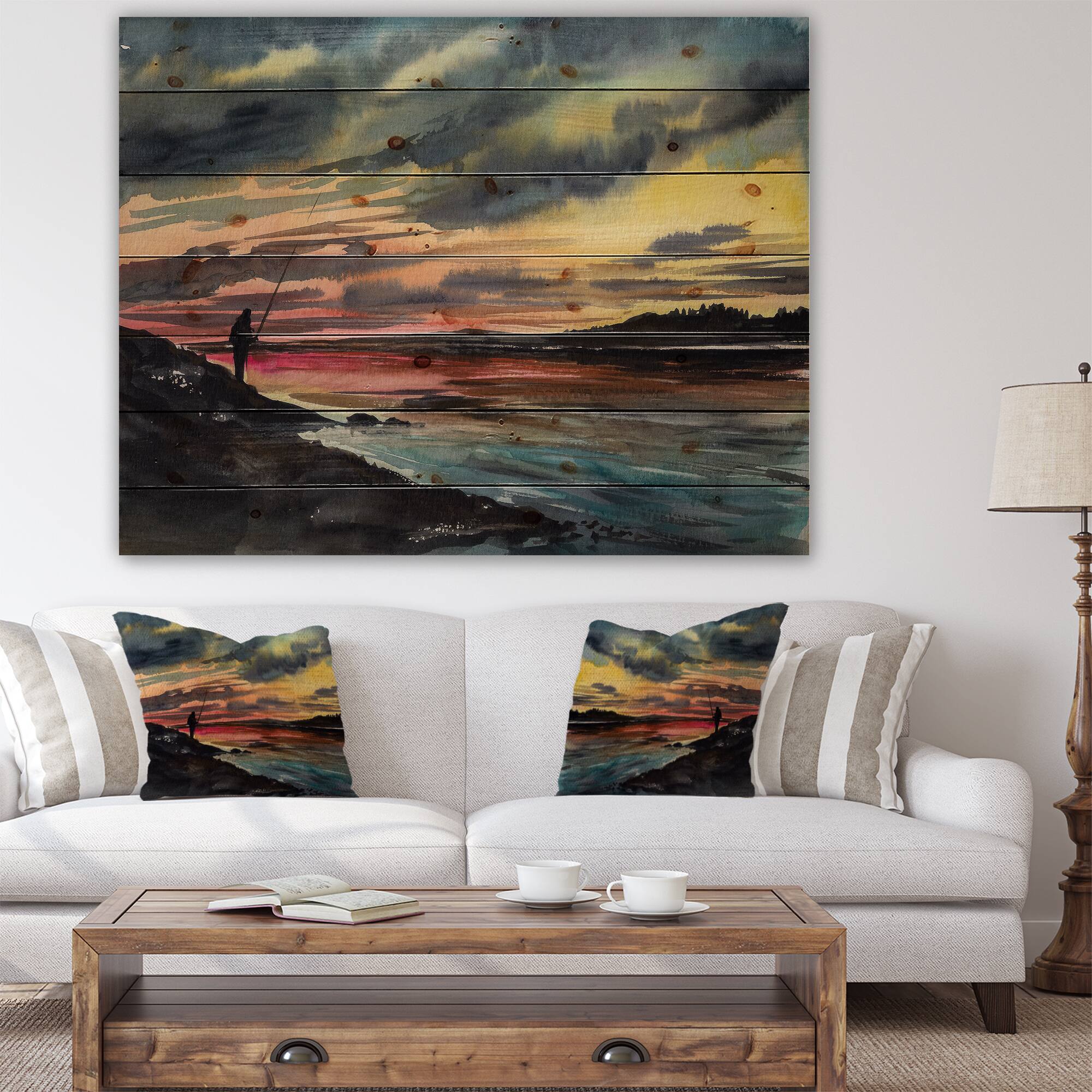 Designart - Fishing Man over Sunset Sky
